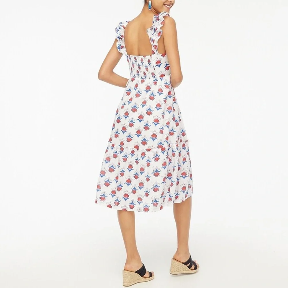 NEW J. Crew Square Neck Midi Dress in Floral Red White Blue Print - 18